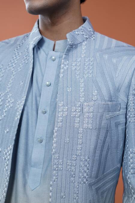 Philocaly_Blue Silk Embroidery Aurevia Ombre Geometric Sherwani _at_Aza_Fashions