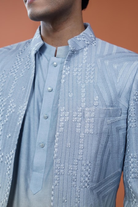 Buy_Philocaly_Blue Silk, Linen, Satin Embroidery Aurevia Ombre Sherwani And Kurta Set _Online_at_Aza_Fashions