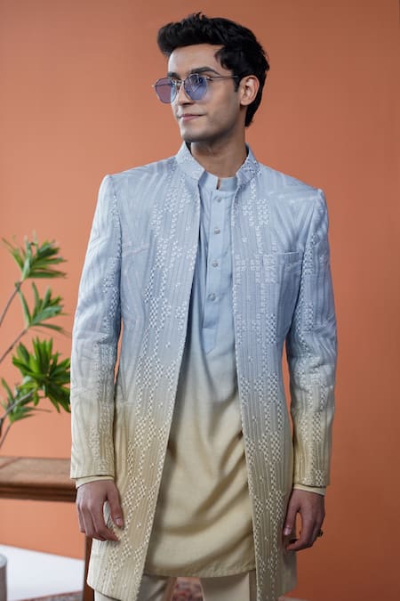 Philocaly_Blue Silk, Linen, Satin Embroidery Aurevia Ombre Sherwani And Kurta Set _at_Aza_Fashions