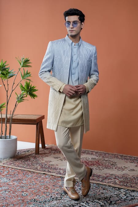 Buy_Philocaly_Blue Silk, Linen, Satin Embroidery Aurevia Ombre Sherwani And Kurta Set 