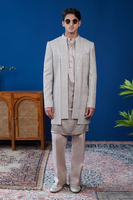 Philocaly_Gray Georgette Sequins, Embroidery Pardaaz Open Indo Western Bandhgala Jacket _Online_at_Aza_Fashions