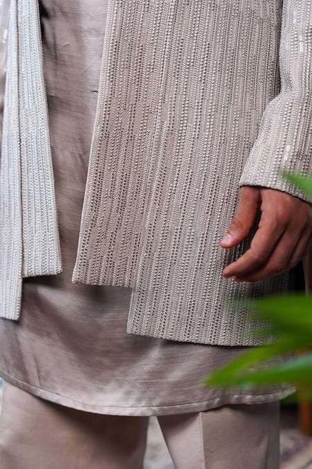 Buy_Philocaly_Gray Georgette Sequins, Embroidery Pardaaz Open Indo Western Bandhgala Jacket _Online_at_Aza_Fashions