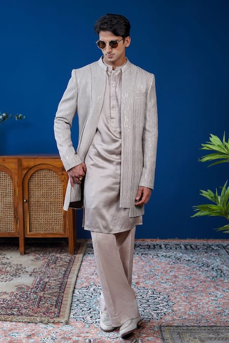 Philocaly Gray Georgette, Silk Pardaaz Embroidered Bandhgala Jacket And Kurta 