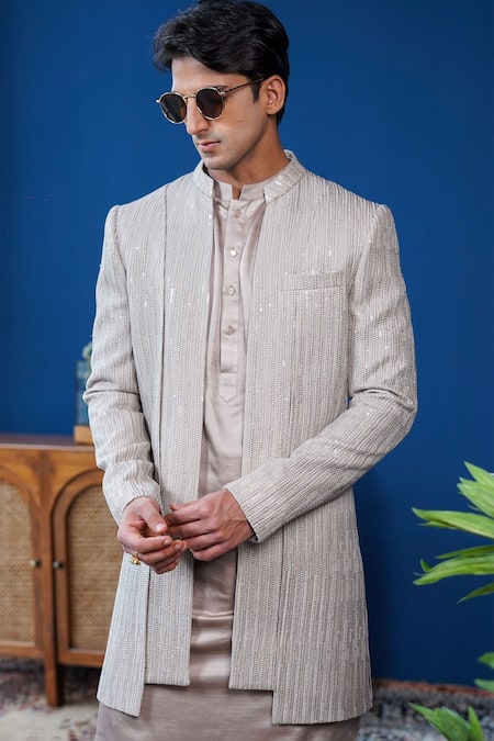 Philocaly Gray Georgette, Silk Pardaaz Embroidered Bandhgala Jacket And Kurta Online at Aza Fashions Philocaly_Gray Georgette, Silk Pardaaz Embroidered Bandhgala Jacket And Kurta _Online_at_Aza_Fashions