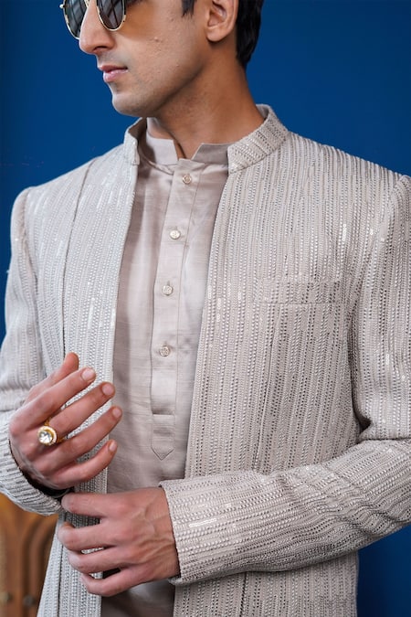 Shop Philocaly Gray Georgette, Silk Pardaaz Embroidered Bandhgala Jacket And Kurta Online at Aza Fashions Shop_Philocaly_Gray Georgette, Silk Pardaaz Embroidered Bandhgala Jacket And Kurta _Online_at_Aza_Fashions