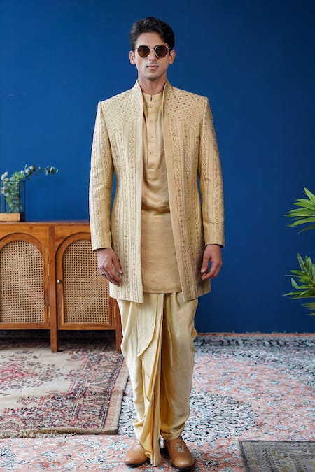 Philocaly_Beige Silk Mirrors, Embroidery Tejav Work Bandhgala Jacket And Kurta Set _Online_at_Aza_Fashions