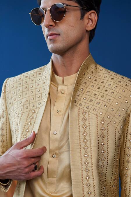 Buy_Philocaly_Beige Silk Mirrors, Embroidery Tejav Work Bandhgala Jacket And Kurta Set _Online_at_Aza_Fashions