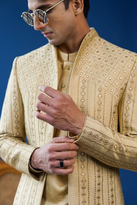 Shop_Philocaly_Beige Silk Mirrors, Embroidery Tejav Work Bandhgala Jacket And Kurta Set _Online_at_Aza_Fashions