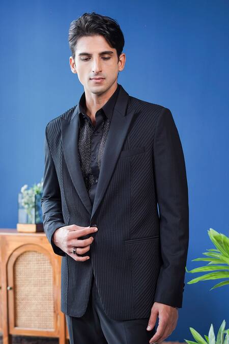 Philocaly_Black Wool Veyron Notch Lapel Directional Pintuck Tuxedo _Online_at_Aza_Fashions