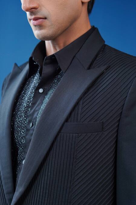 Buy_Philocaly_Black Wool Veyron Notch Lapel Directional Pintuck Tuxedo _Online_at_Aza_Fashions
