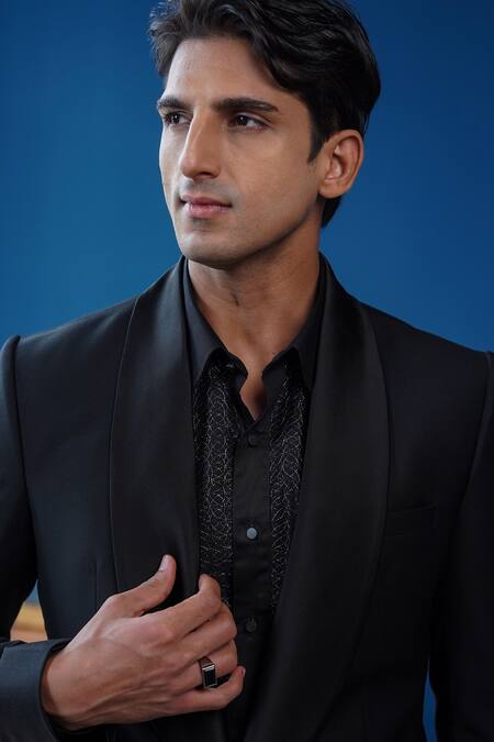 Philocaly_Black Wool Noctis Shawl Lapel Diagonal Pintuck Tuxedo _Online_at_Aza_Fashions