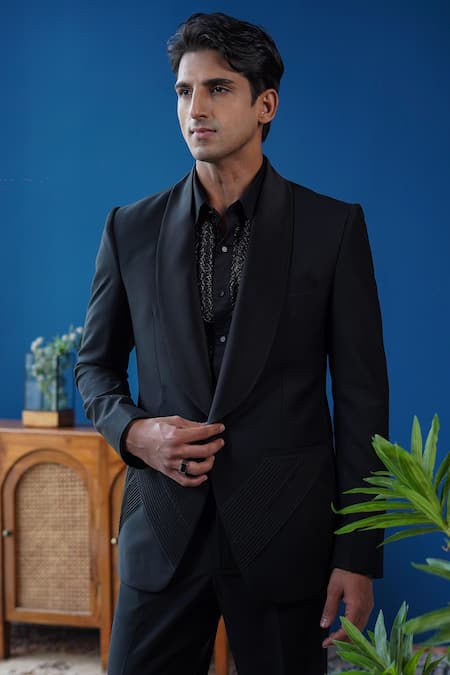 Shop_Philocaly_Black Wool Noctis Shawl Lapel Diagonal Pintuck Tuxedo _Online_at_Aza_Fashions
