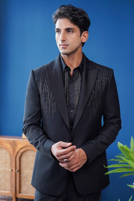 Philocaly_Black Wool Zari, Embroidery Noircrest Geometric Neem Tuxedo _Online_at_Aza_Fashions