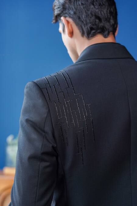 Buy_Philocaly_Black Wool Zari, Embroidery Noircrest Geometric Neem Tuxedo _Online_at_Aza_Fashions