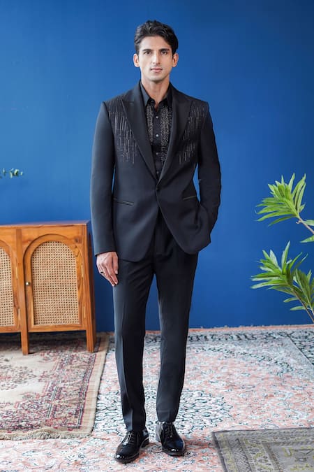 Philocaly Noircrest Geometric Neem Zari Embroidered Tuxedo 