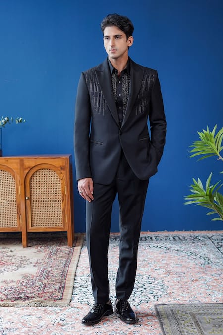 Philocaly Black Wool Zari, Embroidery Noircrest Geometric Neem Tuxedo 