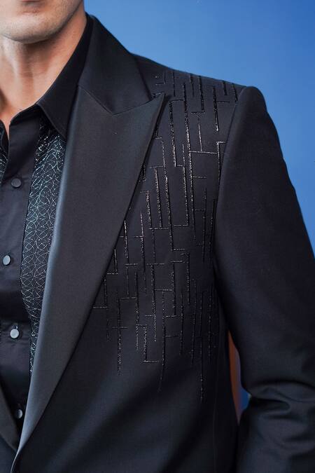 Shop_Philocaly_Black Wool Zari, Embroidery Noircrest Geometric Neem Tuxedo _Online_at_Aza_Fashions