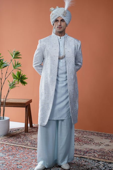 Buy_Philocaly_Sky Blue Silk Embroidery, Zari, Feathers Ravineen Sherwani Set_Online_at_Aza_Fashions
