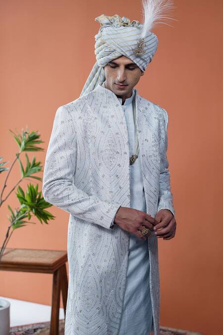 Shop_Philocaly_Sky Blue Silk Embroidery, Zari, Feathers Ravineen Sherwani Set_Online_at_Aza_Fashions