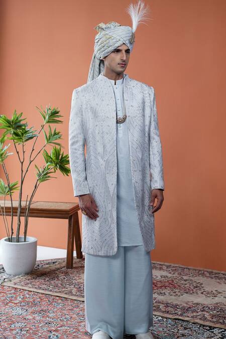 Philocaly_Sky Blue Silk Embroidery, Zari, Feathers Ravineen Sherwani Set_at_Aza_Fashions