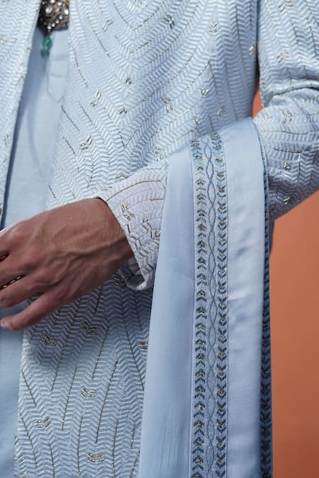 Buy_Philocaly_Sky Blue Silk Embroidery, Zari, Feathers Ravineen Sherwani Set