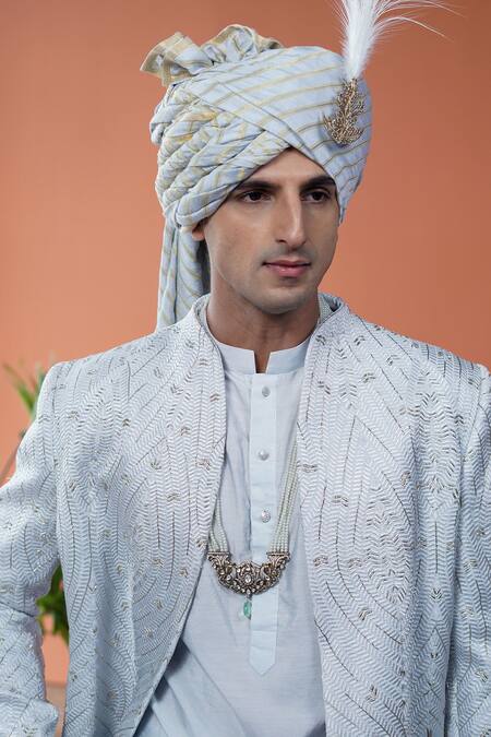Shop_Philocaly_Sky Blue Silk Embroidery, Zari, Feathers Ravineen Sherwani Set
