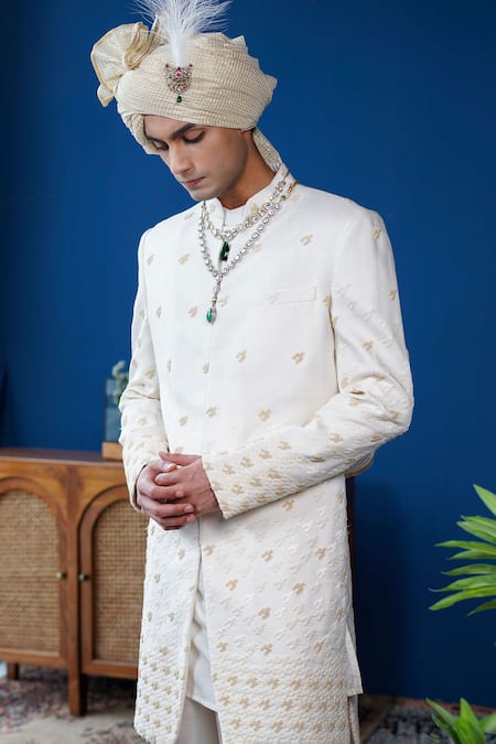 Philocaly Off White Silk Embroidery, Beads, Feathers Daneer Houndstooth Sherwani Set Online at Aza Fashions Philocaly_Off White Silk Embroidery, Beads, Feathers Daneer Houndstooth Sherwani Set _Online_at_Aza_Fashions
