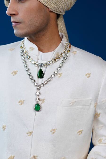 Shop Philocaly Off White Silk Embroidery, Beads, Feathers Daneer Houndstooth Sherwani Set Online at Aza Fashions Shop_Philocaly_Off White Silk Embroidery, Beads, Feathers Daneer Houndstooth Sherwani Set _Online_at_Aza_Fashions