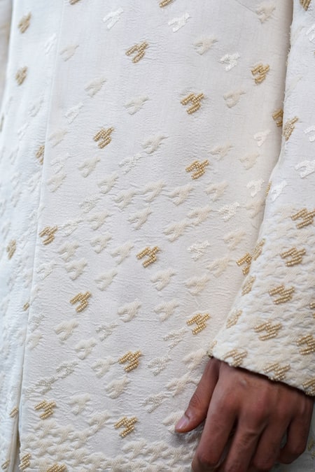 Philocaly Off White Silk Embroidery, Beads, Feathers Daneer Houndstooth Sherwani Set at Aza Fashions Philocaly_Off White Silk Embroidery, Beads, Feathers Daneer Houndstooth Sherwani Set _at_Aza_Fashions