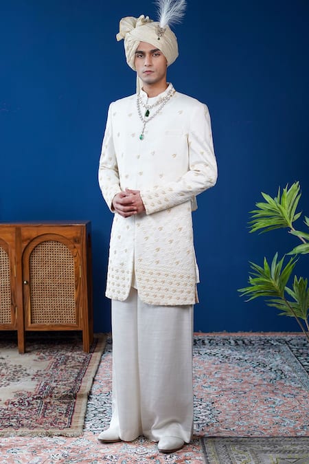 Buy Philocaly Off White Silk Embroidery, Beads, Feathers Daneer Houndstooth Sherwani Set Buy_Philocaly_Off White Silk Embroidery, Beads, Feathers Daneer Houndstooth Sherwani Set