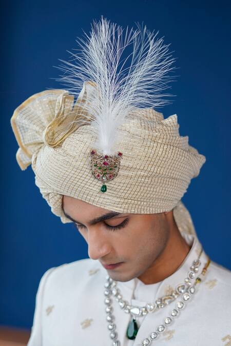 Shop Philocaly Off White Silk Embroidery, Beads, Feathers Daneer Houndstooth Sherwani Set Shop_Philocaly_Off White Silk Embroidery, Beads, Feathers Daneer Houndstooth Sherwani Set