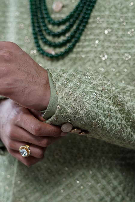 Philocaly_Olive Green Silk Embroidery, Sequins Sherwani Set _Online_at_Aza_Fashions