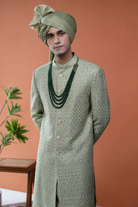 Buy_Philocaly_Olive Green Silk Embroidery, Sequins Sherwani Set _Online_at_Aza_Fashions