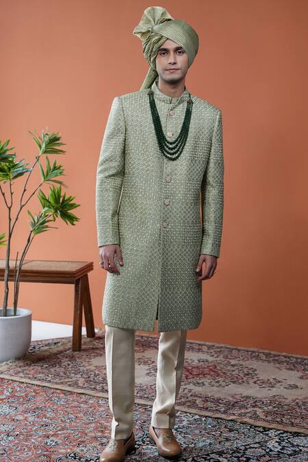 Shop_Philocaly_Olive Green Silk Embroidery, Sequins Sherwani Set _Online_at_Aza_Fashions