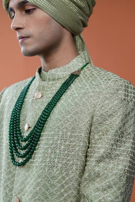 Philocaly_Olive Green Silk Embroidery, Sequins Sherwani Set _at_Aza_Fashions