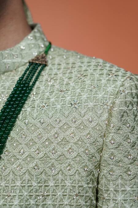 Buy_Philocaly_Olive Green Silk Embroidery, Sequins Sherwani Set 