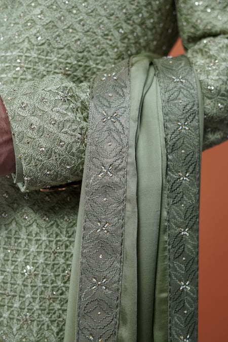 Shop_Philocaly_Olive Green Silk Embroidery, Sequins Sherwani Set 