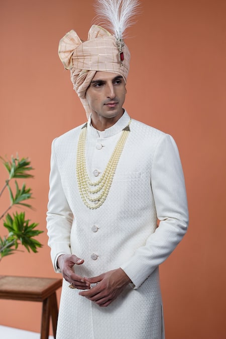Philocaly_White Silk Embroidery Doriyaar Geometric Criss-cross Sherwani Set  _Online_at_Aza_Fashions