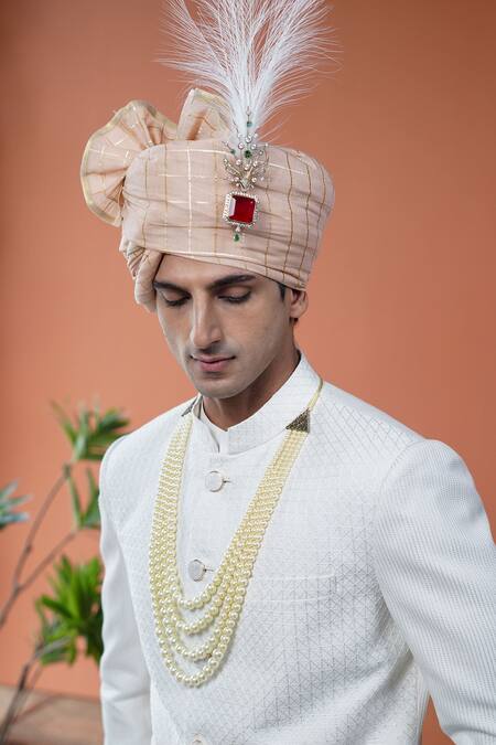 Buy_Philocaly_White Silk Embroidery Doriyaar Geometric Criss-cross Sherwani Set  _Online_at_Aza_Fashions