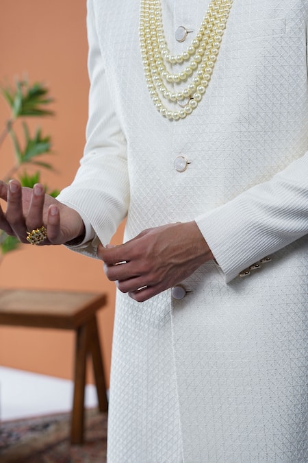 Philocaly_White Silk Embroidery Doriyaar Geometric Criss-cross Sherwani Set  _at_Aza_Fashions