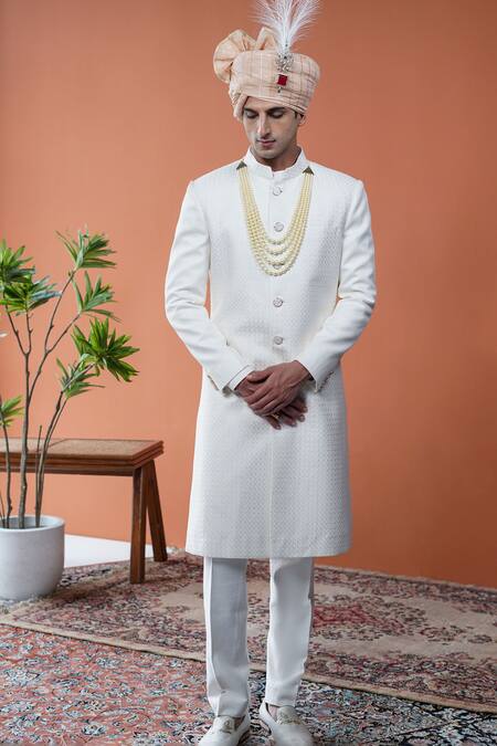 Buy_Philocaly_White Silk Embroidery Doriyaar Geometric Criss-cross Sherwani Set  