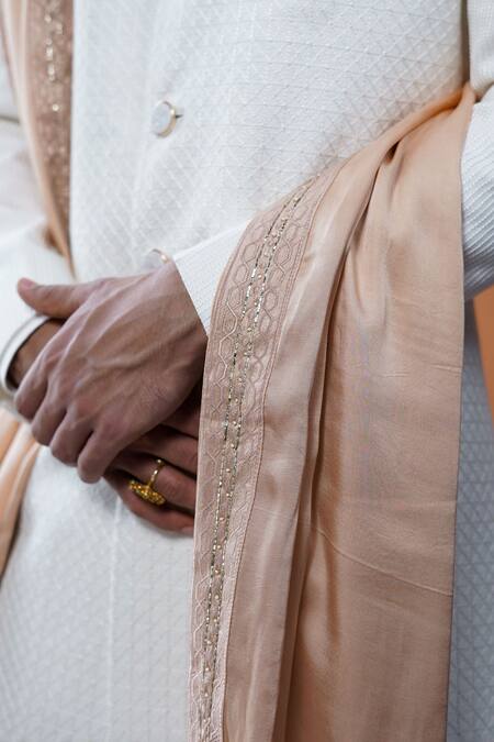 Shop_Philocaly_White Silk Embroidery Doriyaar Geometric Criss-cross Sherwani Set  