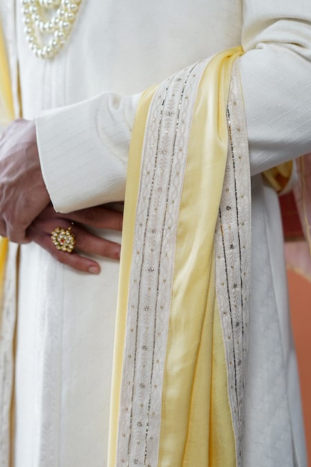 Buy_Philocaly_Off White Cotton Satin, Cotton, Silk Embroidery, Varnan Tonal Sherwani Set _Online_at_Aza_Fashions