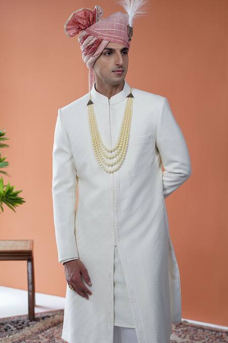 Shop_Philocaly_Off White Cotton Satin, Cotton, Silk Embroidery, Varnan Tonal Sherwani Set _Online_at_Aza_Fashions