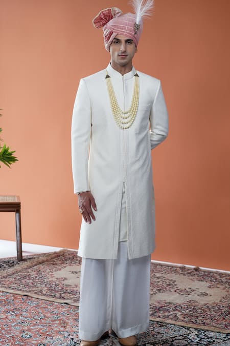 Buy_Philocaly_Off White Cotton Satin, Cotton, Silk Embroidery, Varnan Tonal Sherwani Set 