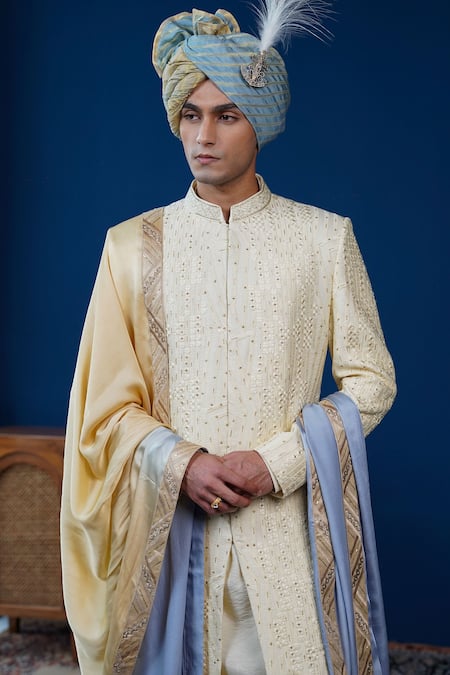 Philocaly_Cream Silk Embroidery Ivraan Tonal Sherwani Set _Online_at_Aza_Fashions