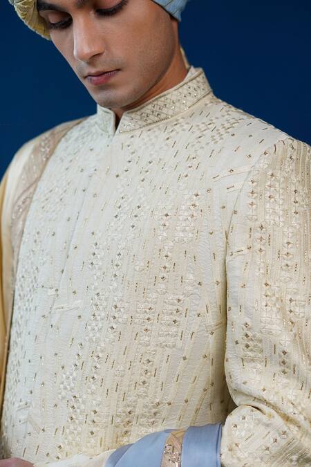 Buy_Philocaly_Cream Silk Embroidery Ivraan Tonal Sherwani Set _Online_at_Aza_Fashions