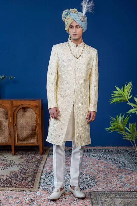 Shop_Philocaly_Cream Silk Embroidery Ivraan Tonal Sherwani Set _Online_at_Aza_Fashions