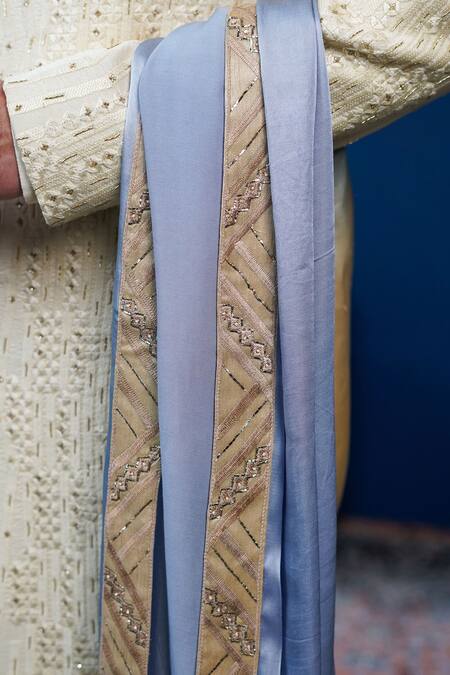 Philocaly_Cream Silk Embroidery Ivraan Tonal Sherwani Set _at_Aza_Fashions