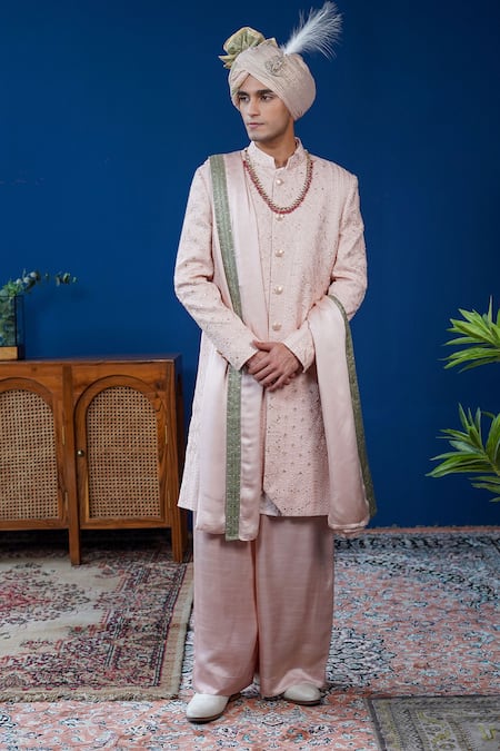 Philocaly Blush Silk Embroidery, Zari, Feathers, Gulsha Floral Pitta Work Sherwani Set  
